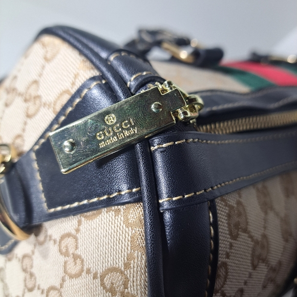 Luxury Beige Canvas Satchel with Green and Red Web Stripe. - Picture 4 of 9